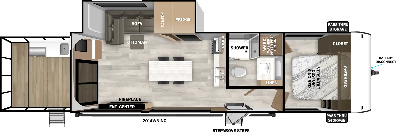 The Salem Southwest T32VERANDA floorplan has two entries and one slide out. Exterior features include: metal or fiberglass exterior, 20' awning and outside kitchen. Interiors features include: front bedroom.